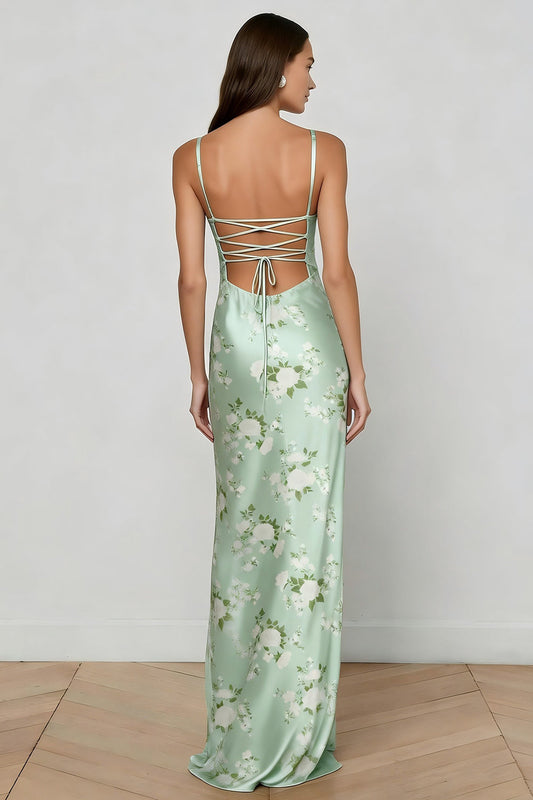 Floral Sage Green Mermaid Satin Spaghetti Straps Long Corset Prom Dress