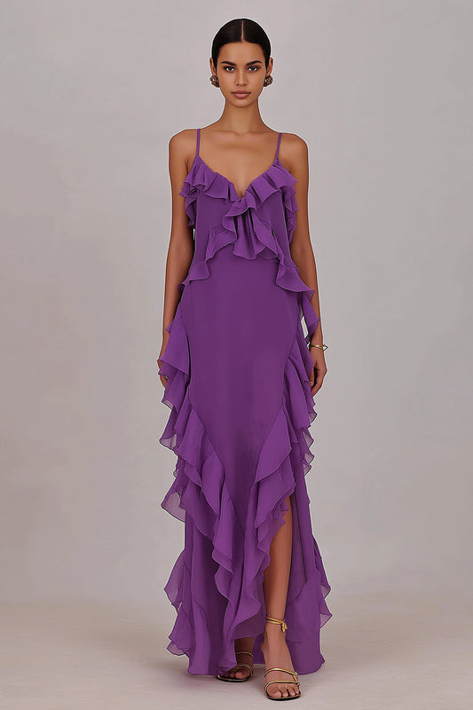Plum Chiffon Ruffled Spaghetti Straps Sheath Long Prom Dress with Slit