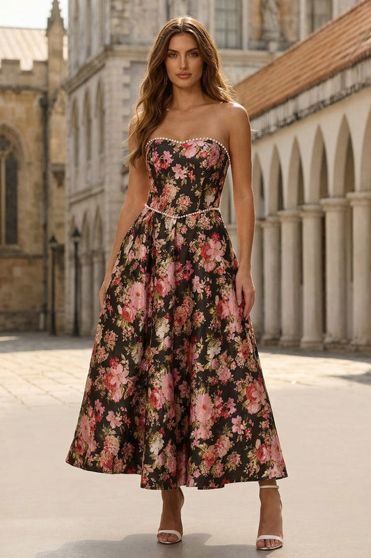 Floral Black and Pink A Line Sweetheart Long Prom Dress with Pearls