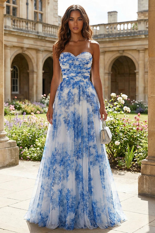 White and Blue Floral A Line Sweetheart Long Prom Dress