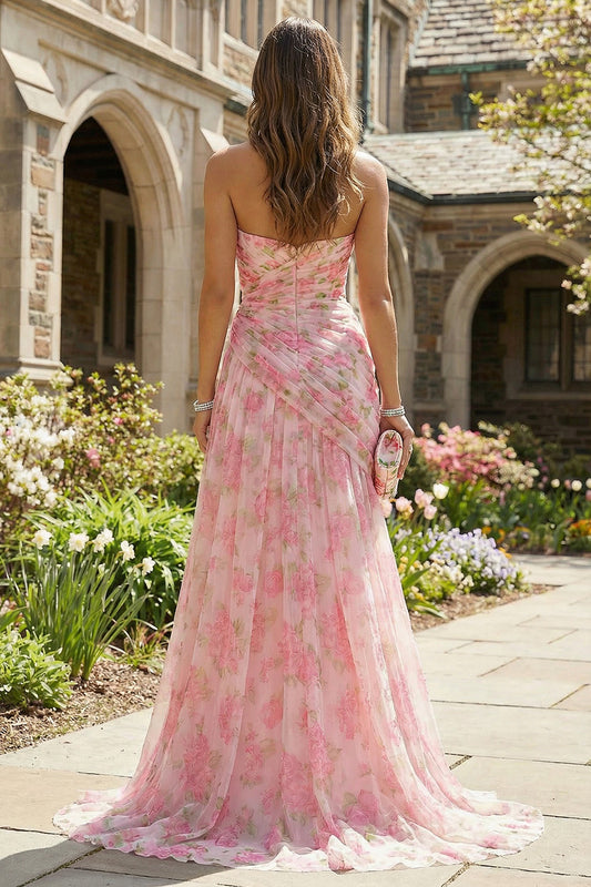 Pink Floral Sweetheart Sheath Long Prom Dress with Slit