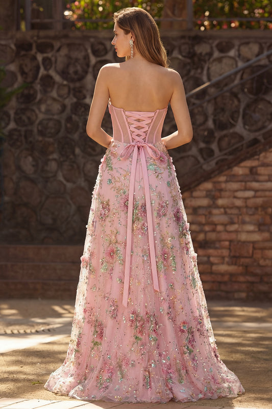 Sparkly Pink Floral Corset Sweetheart A Line Long Prom Dress with Slit