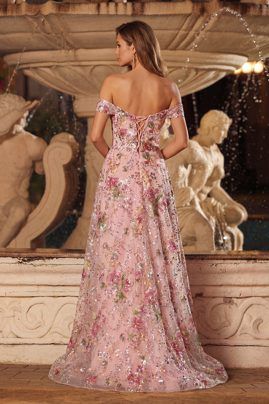 Sparkly Pink Floral Sequins Off The Shoulder A Line Long Prom Dress with Slit