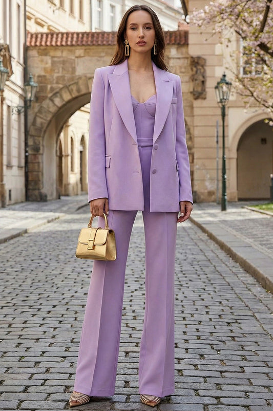 2 Piece Lilac Wide Leg Single Breasted Peak Lapel Business Suits