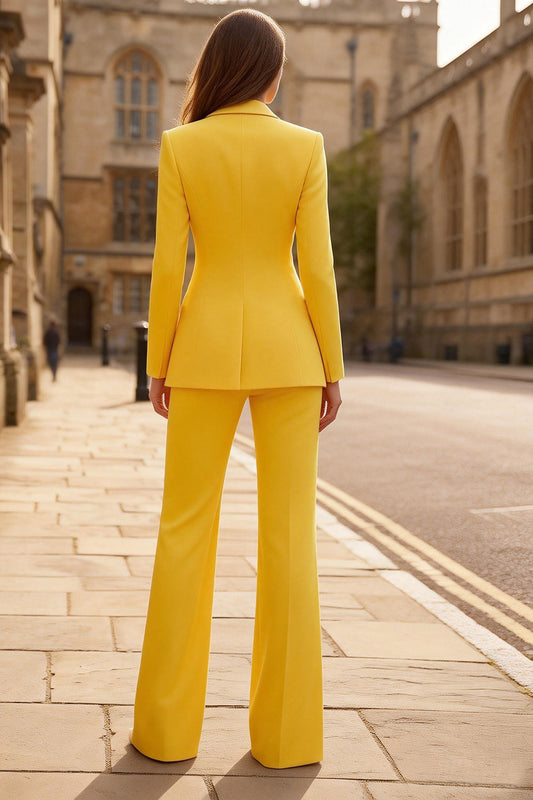 2 Piece Yellow Single Breasted Peak Lapel Wide Leg Business Suits