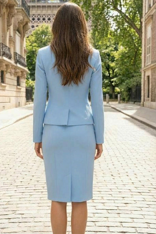 Sky Blue Pencil 2 Piece Single Breasted Business Suits with Slit