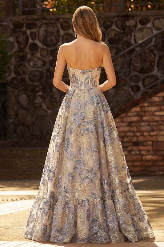 Dusty Blue Floral Ruffled Sweetheart Long Corset Prom Dress with Slit