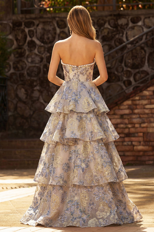 Sparkly Dusty Blue Floral Tiered Sweetheart Pearls Long Prom Dress with Slit