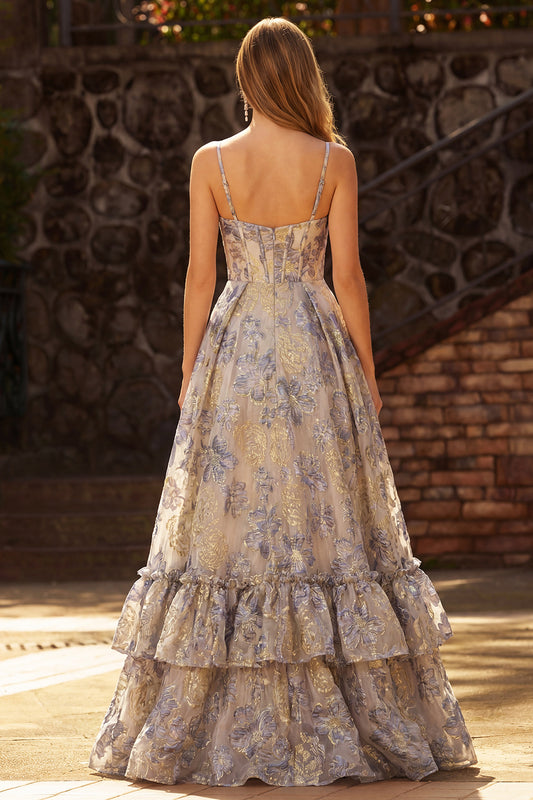 Floral Dusty Blue Ruffled Spaghetti Straps Long Corset Prom Dress with Slit