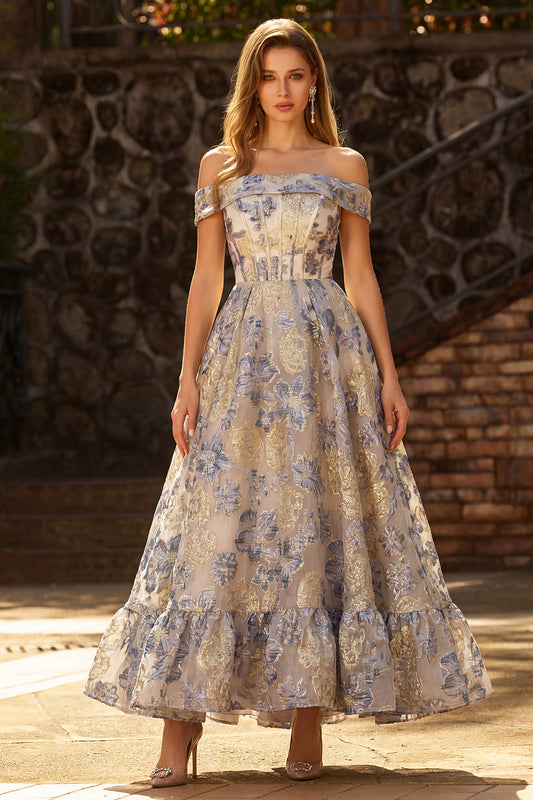 Dusty Blue A Line Floral Off the Shoulder Long Corset Prom Dress with Ruffles