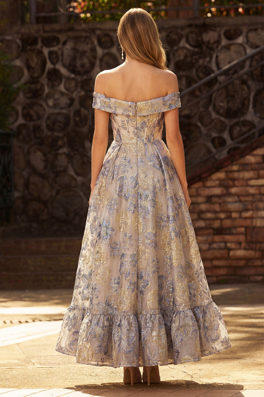 Dusty Blue A Line Floral Off the Shoulder Long Corset Prom Dress with Ruffles