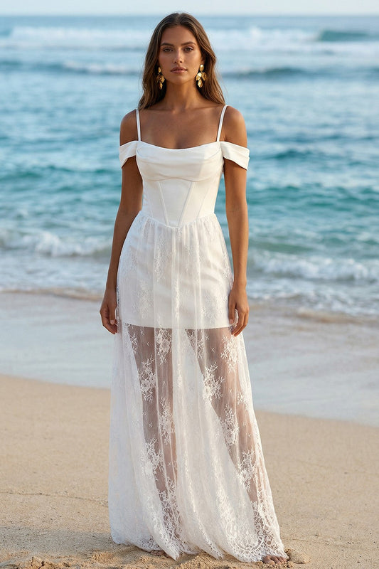 Boho Ivory Sheath Cold Shoulder Long Corset Wedding Reception Dress with Lace
