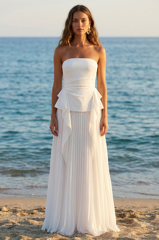 Ivory Pleated A Line Strapless Long Rehearsal Dinner Dress with Ruffles