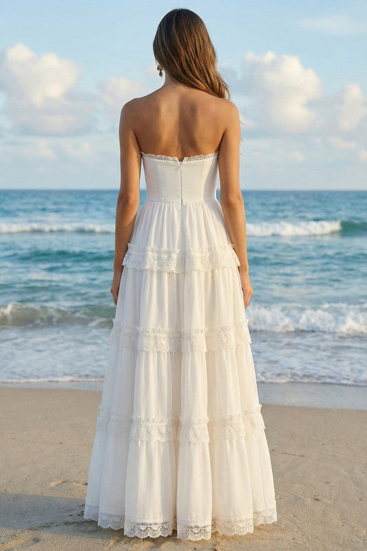 Ivory Ruffled A Line Strapless Long Rehearsal Dinner Dress with Lace