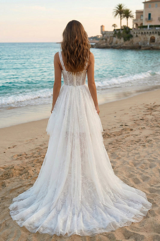 Ivory Boho Tulle Thick Straps A Line High-Low Bridal Shower Dress with Ruffles