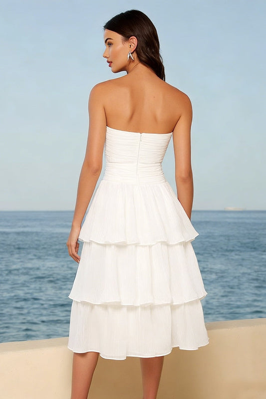 Ivory Strapless A Line Tiered Midi Bridal Shower Dress with Sash