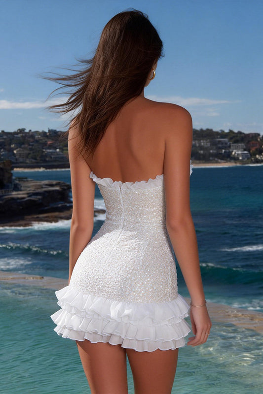 Ivory Sparkly Bodycon Ruffled Sweetheart Short Graduation Dress