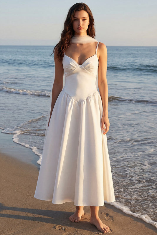 Ivory Neck Scarf A Line Long Wedding Reception Dress