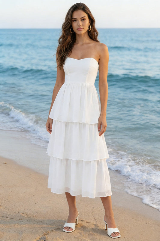 Ivory A Line Tiered Strapless Midi Wedding Reception Dress