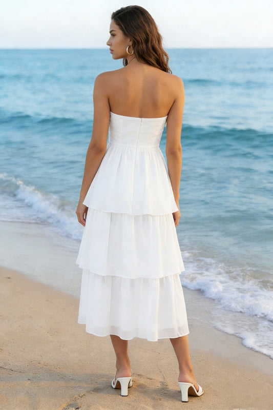 Ivory A Line Tiered Strapless Midi Wedding Reception Dress