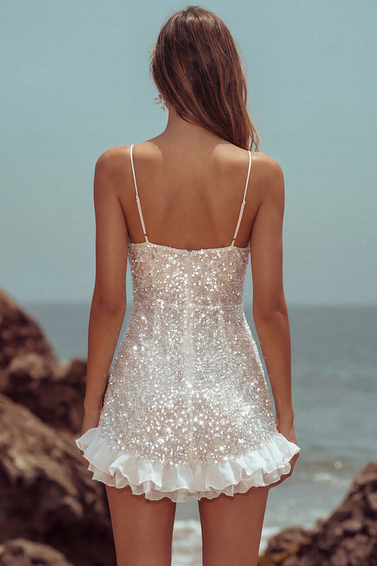 Sparkly Ivory Sequin Ruffled Bodycon Short Graduation Dress