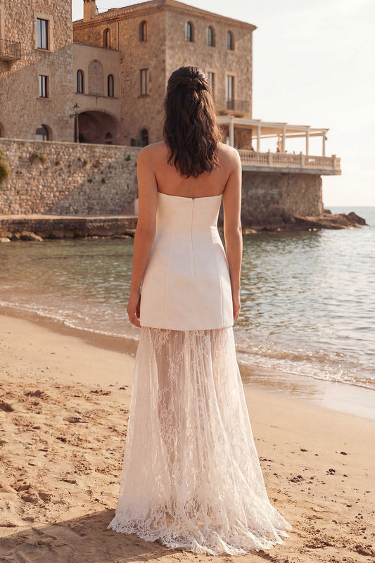 Ivory Sheath Strapless Long Wedding Reception Dress with Lace