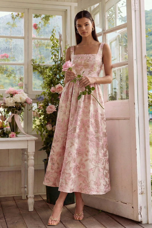 A Line Square Neck Blush Jacquard Long Wedding Guest Dress