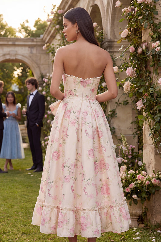 White Pink Flower Sweetheart A Line Maxi Wedding Guest Dress with Pearls