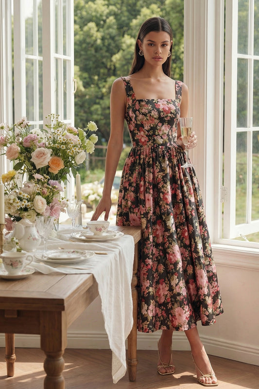 Square Neck Black Pink Flower A Line Floral Maxi Wedding Guest Dress