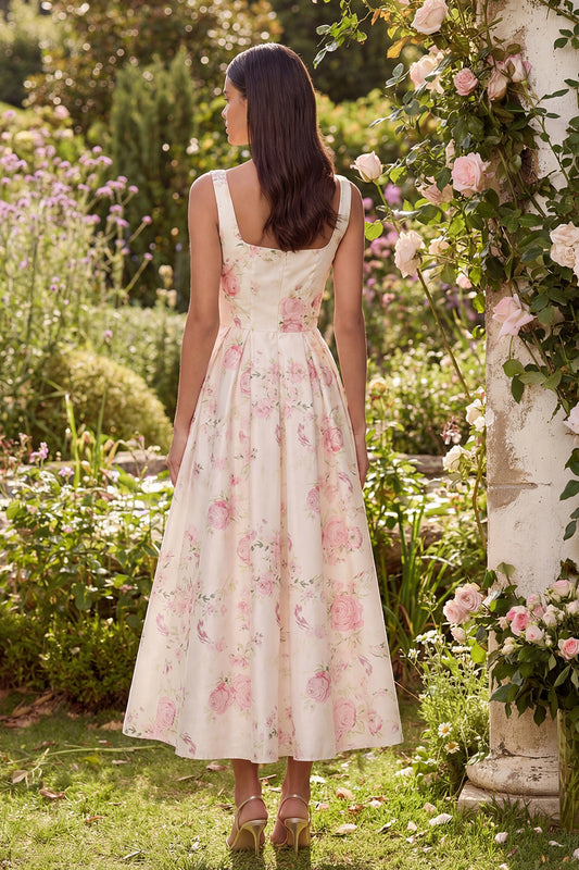 White Pink Square Neck Flower A Line Maxi Wedding Guest Dress with Bow