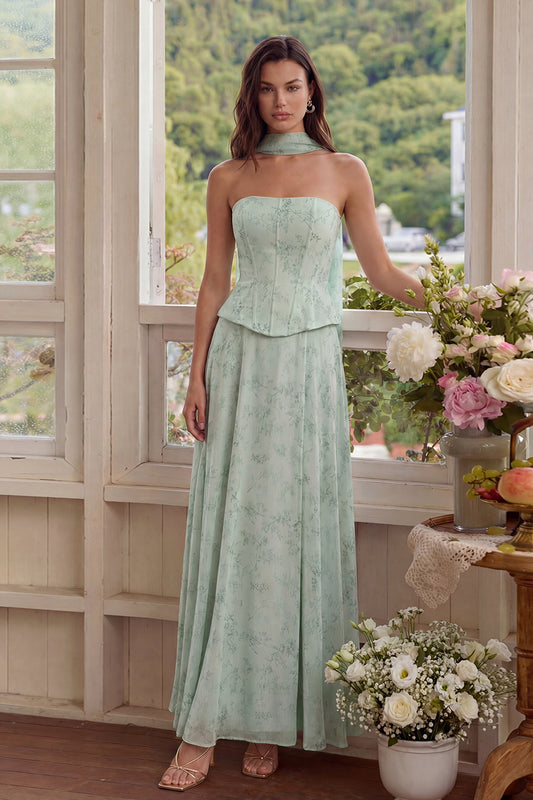 Corset Neck Scarf A Line Floral Basque Waist Long Wedding Guest Dress