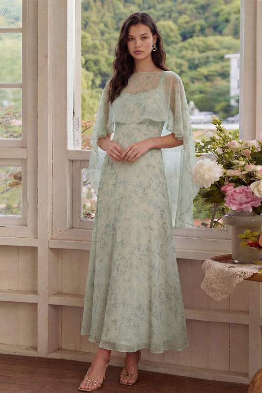 Dusty Sage Maxi A Line Floral Wedding Guest Dress with Cape