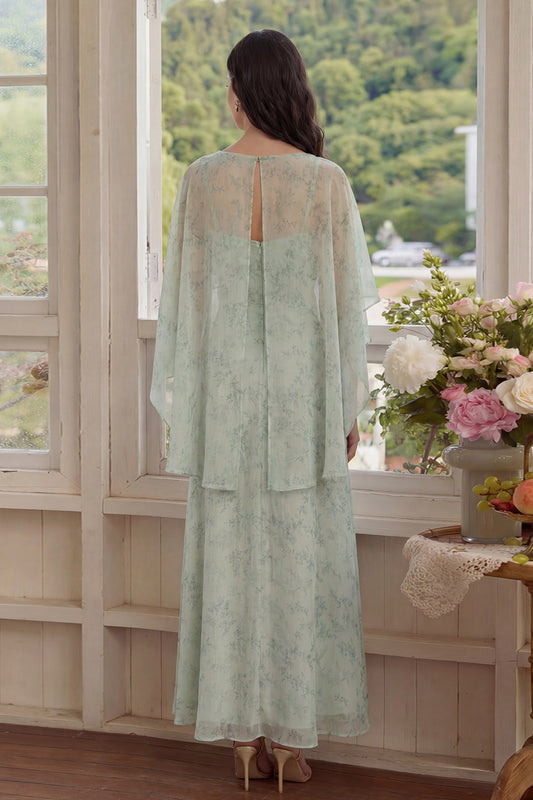 Dusty Sage Maxi A Line Floral Wedding Guest Dress with Cape