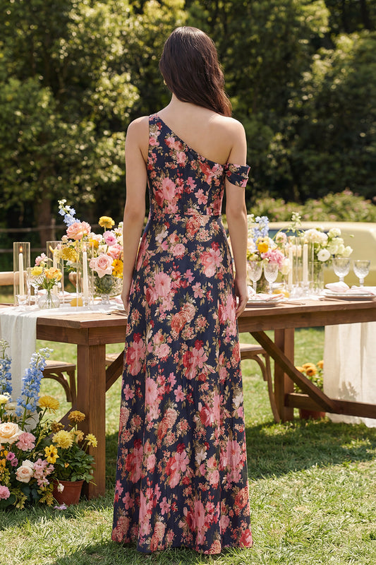 One Shoulder Black Pink Flower A Line Long Wedding Guest Dress