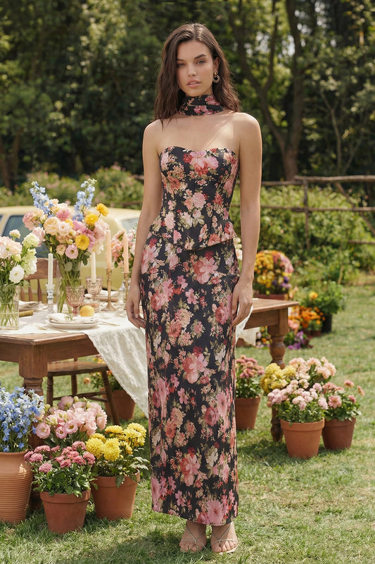 Black Pink Flower Sheath Basque Waist Corset Maxi Wedding Guest Dress