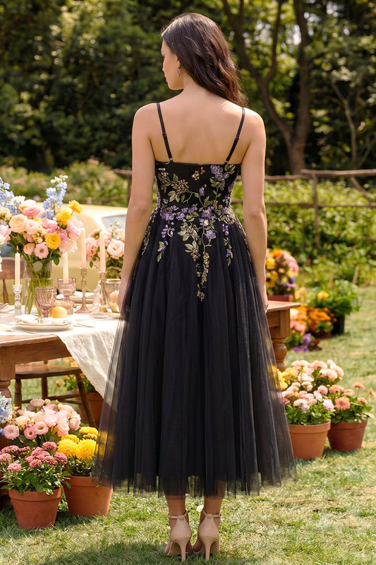 Black Spaghetti Straps Tulle A Line Maxi Wedding Guest Dress with Appliques