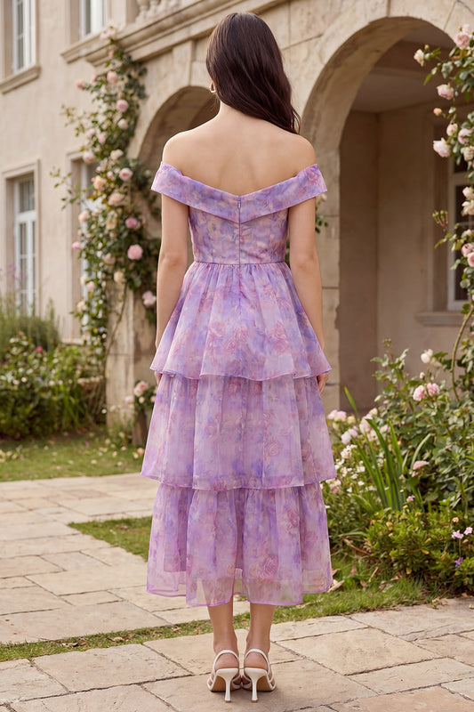 Purple Corset A Line Off the Shoulder Ruffled Floral Maxi Wedding Guest Dress