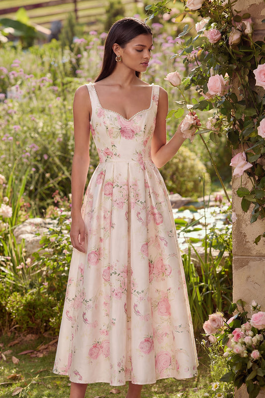 White Pink Flower Corset A Line Maxi Wedding Guest Dress with Pearls