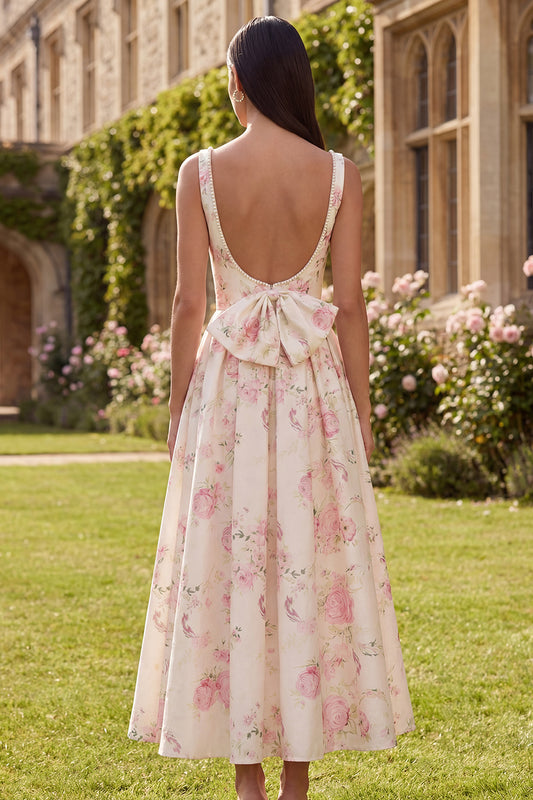White Pink Flower Corset A Line Maxi Wedding Guest Dress with Pearls