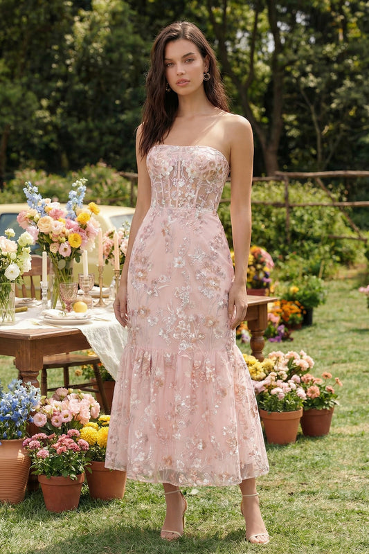 Pink Mermaid Strapless Corset Maxi Floral Wedding Guest Dress