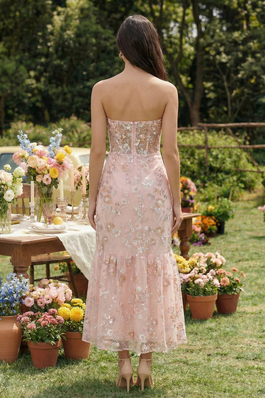 Pink Mermaid Strapless Corset Maxi Floral Wedding Guest Dress