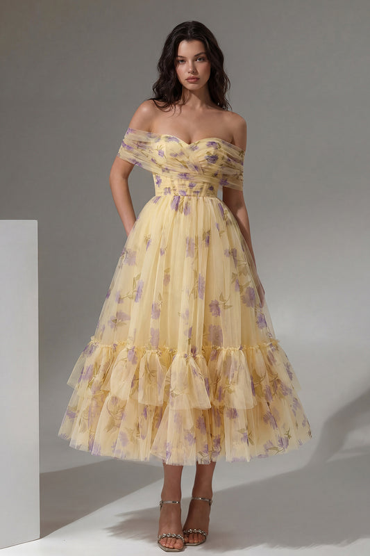 Yellow Flower Tulle A Line Off the Shoulder Maxi Ruffled Wedding Guest Dress