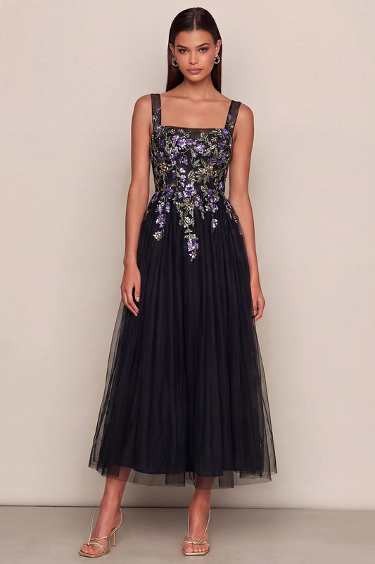 Black Appliqued A Line Square Neck Tulle Maxi Wedding Guest Dress