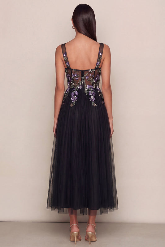 Black Appliqued A Line Square Neck Tulle Maxi Wedding Guest Dress