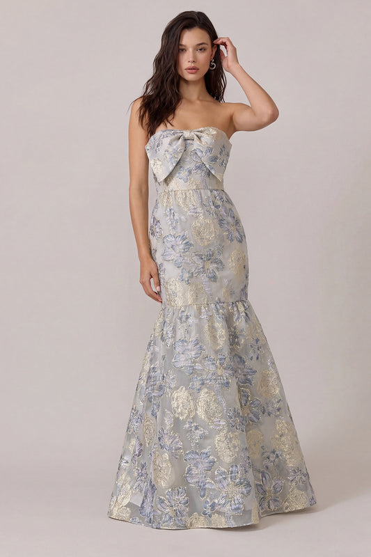 Dusty Blue Jacquard Mermaid Floral Long Wedding Guest Dress