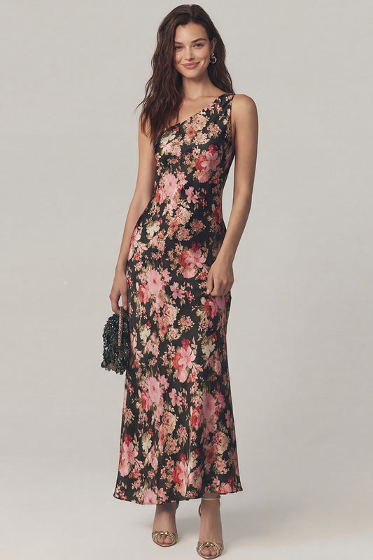 Mermaid Black Pink Flower One Shoulder Long Wedding Guest Dress