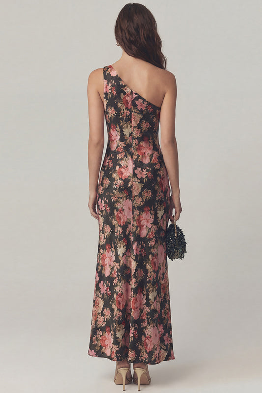 Mermaid Black Pink Flower One Shoulder Long Wedding Guest Dress