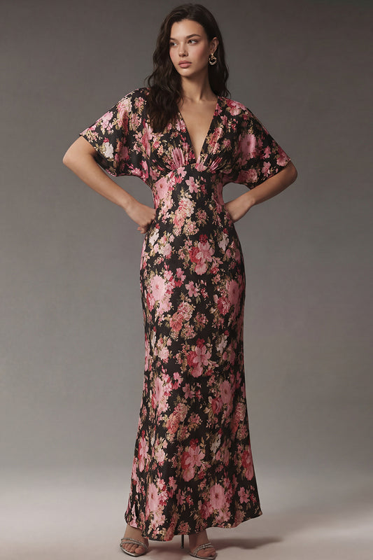Black Pink Mermaid Flower V Neck Maxi Wedding Guest Dress