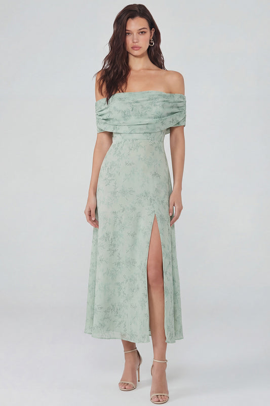 Dusty Sage Off the Shoulder Long Floral Wedding Guest Dress with Slit