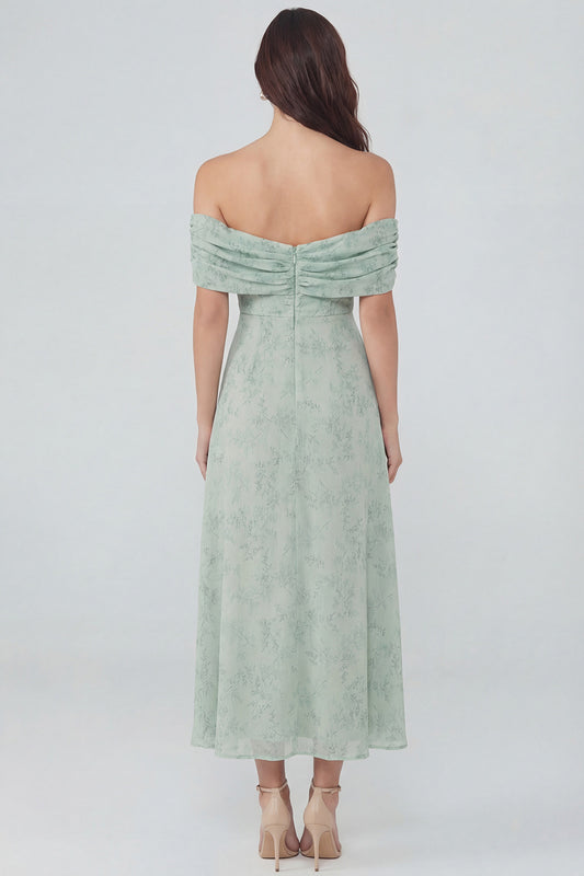 Dusty Sage Off the Shoulder Long Floral Wedding Guest Dress with Slit